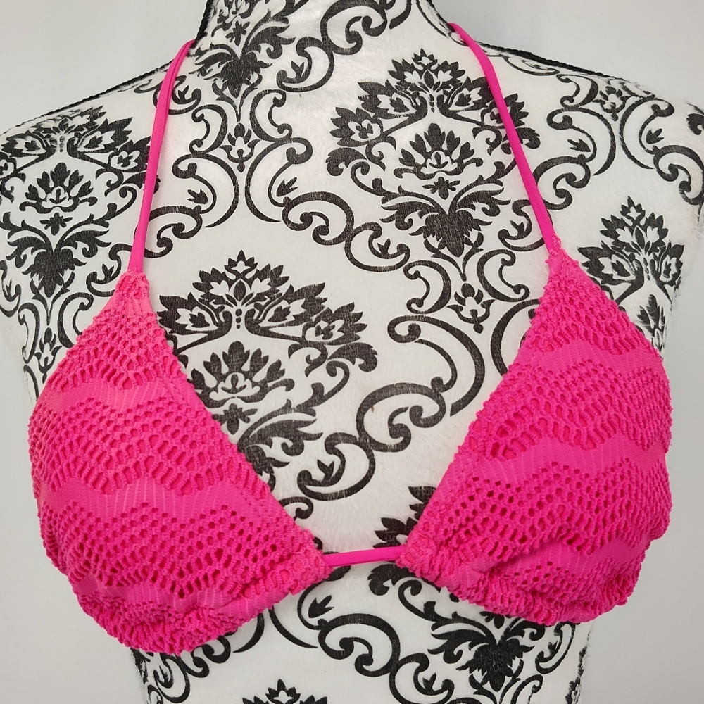 OP Vibrant Hot Pink Lace Overlay Bikini Halter Top Size Womans Small, 3-5